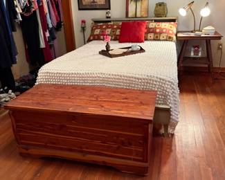 LIGHT GREEN BOOKCASE HEADBOARD BED AND CEDAR CHEST