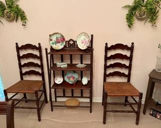 2 LADDER BACK CHAIRS AND SPINDLE BACK SHELF