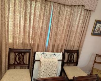 2 OF 6 OF THE DINING CHAIRS AND VINTAGE TABLECLOTH'S