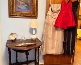 OVAL GATE LEG TABLE EVENING DRESSES, ANTIQUE FRAMED EMBROIDERY LADIES