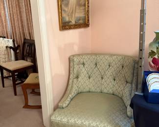 VINTAGE UPHOLSTERED ARMLESS CHAIR THIS IS 2 OF 2