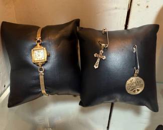 14K GARLAND WATCH, 14K CROSS PENDANT, 14K CHRISTMAS CHARM