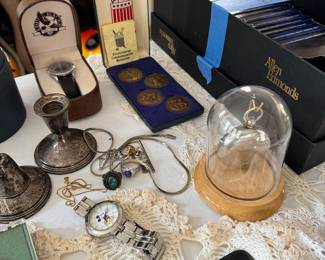 Coins, Jewlery, Silver, Pocket Watches (living room center table.)