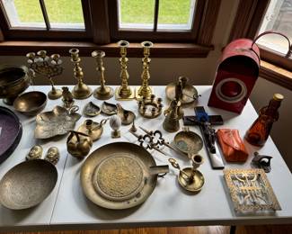 Vintage brass items, railroad lantern (living room east wall)