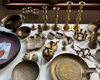Vintage Brass items (living room east wall table.) 