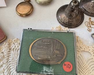 Boy Scout Buckle, Jewlery, Silver, Pocket Watches (living room center table.)