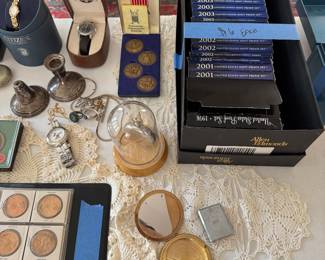 Coins, Jewlery, Silver, Pocket Watches (living room center table.)