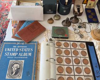 STAMPS, Coins, Jewlery, Silver, Pocket Watches (living room center table.)