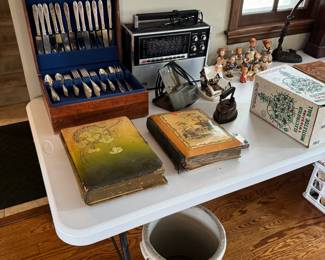 Plated flatware, Victorian photo albums (living room north table)
