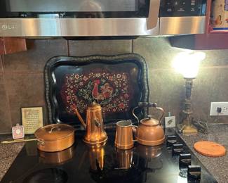 Copper decor; rooster metal tray.