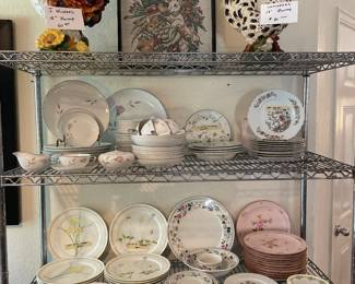 China Service for 8. Misc. dinner plates, cake plates and Roosters. Rooster Picture.