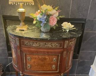 Louis ____ style table with onyx top. If not real, a very good replica; 2 drawers