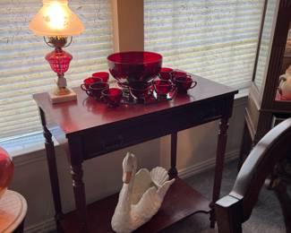 Beautiful red punch bowl set - Bowl with under tray & 8 cups; Very old lamp; Side table & swan