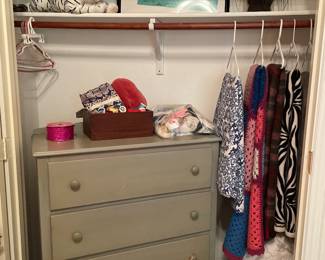 Chest of drawers, sewing notions, throws, blue and white duvet cover, comforter, miscf
