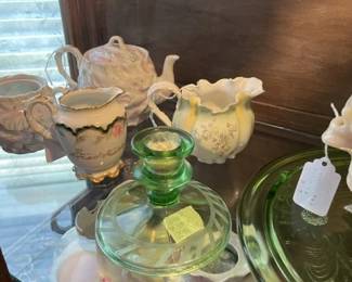 Misc small pitchers/creamers. Vaseline glass candle holder (pair)