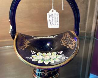 Bohemian cobalt blue glass basket