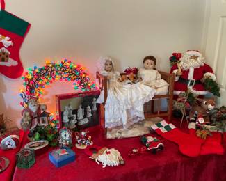 Christmas misc....it's July! Never to early to start preparing. Antique dolls and doll crib. Sold separately.