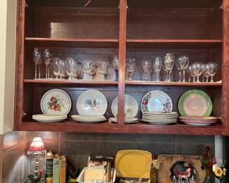 Fun kitchen plates, glasses and decor. Plates pictured are not full sets; just a few of each pattern shown.