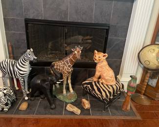 Decorative Jungle animals. Zebra and Giraffe are approx. 26 - 29" tall. Giraffe was damaged but Owner had it repaired; looks good.