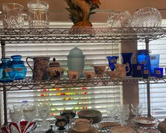 Rooster, misc decor. Crystal rose bowls, ice bucket, cracker jar. Misc & assorted plated, glasses. Rooster has chip on one feather, one broken feather (we have the piece)