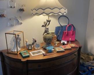 Very nice old cabinet, 3 drawers, Antique Lamp, misc items including designer purses, Bride/Groom Music Box