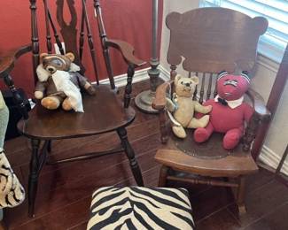 Antique chairs. Side arm chair, small rocker with leather center, foot stool