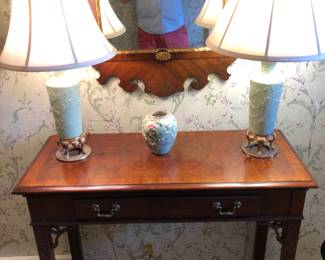 Chippendale mahogany entry table, pair of matching celadon lamps, Chippendale mirror