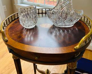 Theodore Alexander crotch mahogany side tables (pair) , Royal Doulton Crystal