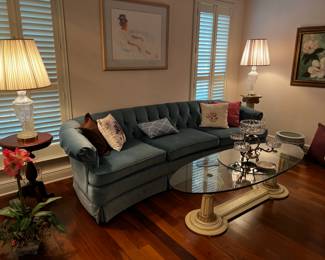 lamps, coffee table, sofa, artwork