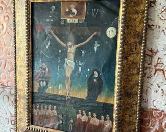 Mexican Folk Art Crucifixion Painting (with celestial and symbolic imagery)