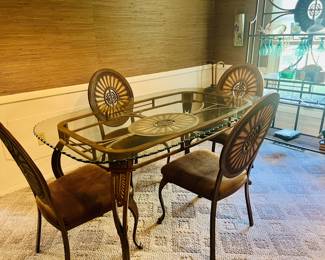 Glass and metal dining table.