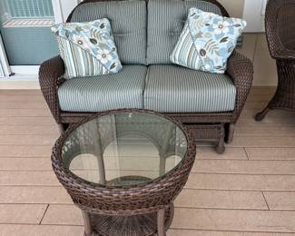 #1 - $350 - All weather wicker brown setae 54x33x37 & round side table with brand new pillows - mint overall condition
