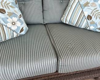 #1 - $350 - All weather wicker brown setae 54x33x37 & round side table with brand new pillows - mint overall condition