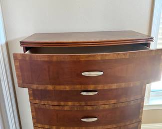 #8 - $300 - Bowfront modern Dein model 2 night stands 27x18x28& tall chest 37x20x51T - Guest bedroom barely used 