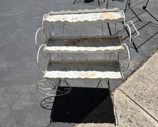 Vintage White Metal 3 Tier Plant Stand Garden Cart on Wheels