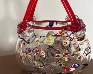 Vintage millefiori art glass purse in Murano style, glossy finish, glass handbag vase with flowers, hand-blown glass