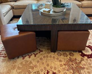  COCKTAIL TABLE WITH EBONY FINISHAND 4 LEATHER OTTOMANS