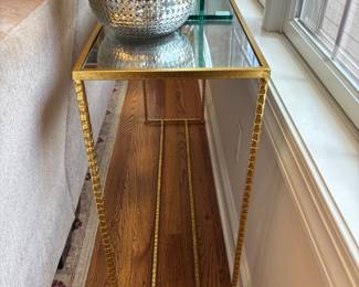 WE HAVE 2 OF THESE MIRRORED TOP GOLD CONSOLE TABLES