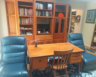 Woodleys entertainment unit, MCM desk and vintage lazyboy rockers