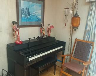 Wurlitzer piano - delivery available! Swag lamp and deck chair
