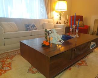 Hardwood coffee table, couch