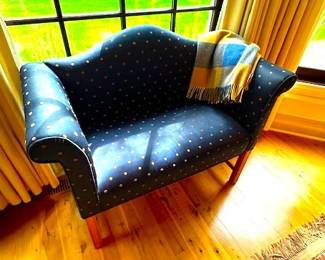 Ethan Allen Blue polka dot settee, 43" wide.