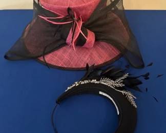 Jacques Vert Raspberry & Black Oval Feather Wide brimmed Hat and Ana Mulcahy velvet padded headband.