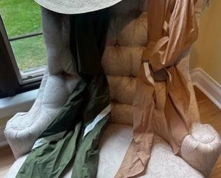 Johanna Ortiz linen trimmed raffia sunhat with 2 different scarves.