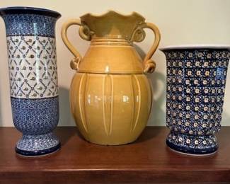 Boleslawiec polish pottery, 14.5" tall, Italian pottery, 14" tall and Boleslawiec polish pottery, 14" tall.