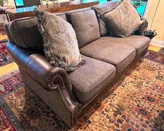 Bradington Young leather and fabric sofa, 7'.