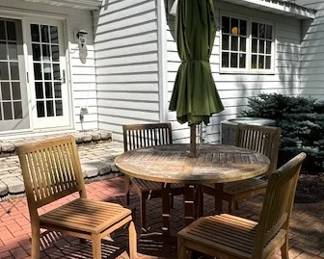 Frontgate Teak table, chairs & umbrella.