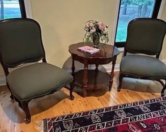 Hooker furniture round table 29" x 25" tall, Pair of Hendredon fireside chairs (forest green and tan upholstery)