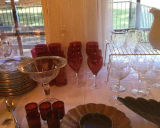 Federal Cranberry tumblers, goblets; Ruby Red cordials, more Anthony pottery 