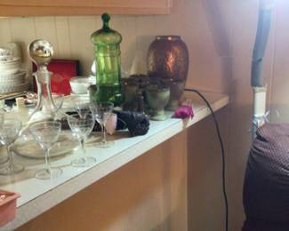 Crystal, green pedestal candy dish, Anthoony Freeman Vase